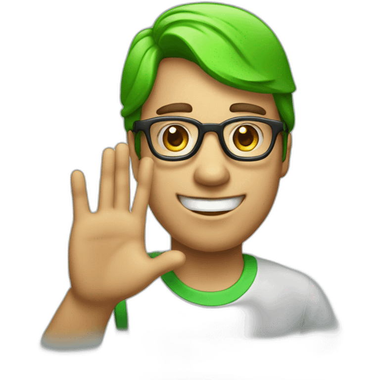 a man, green rubies on his head, waving hello, wearing glasses emoji