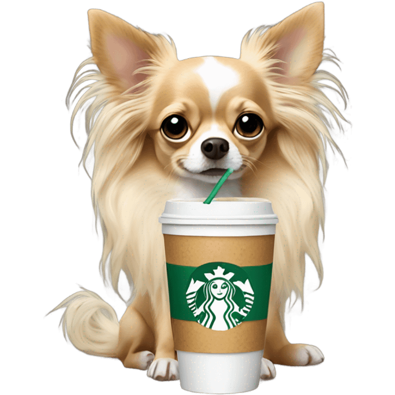 Spotted chihuahua long hair drinking Starbucks  emoji