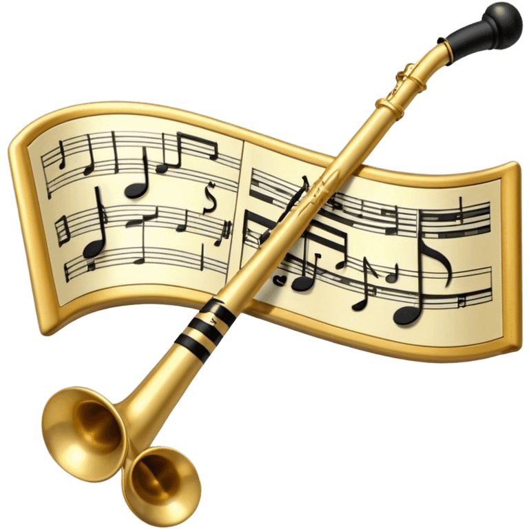 Create a sophisticated and elegant emoji that represents orchestration and arrangement. The design should feature a conductor’s baton, musical notes, and a symphonic score, symbolizing the process of arranging and orchestrating music. Incorporate instruments like a violin, trumpet, and piano keys subtly in the background, representing different sections of the orchestra. Use classical and refined colors such as gold, deep red, and black to evoke the grandeur and precision of orchestration. The background should be transparent. emoji