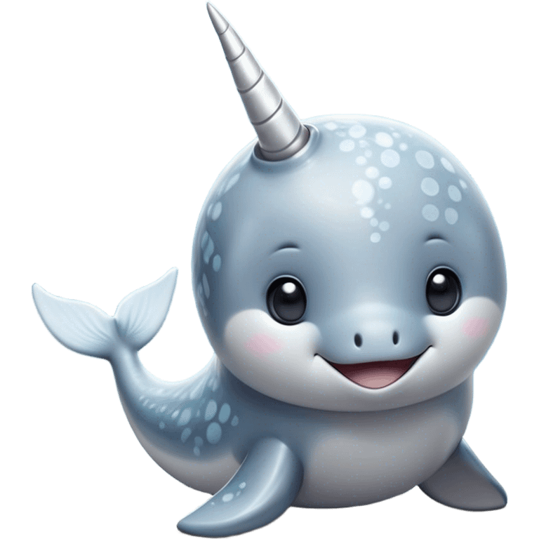 Cinematic Noble Cute Narwhal Portrait Emoji, Poised and graceful, with a streamlined, gently curved body clad in mottled, silvery-gray skin, accented by a long, spiraled ivory tusk and wide, expressive eyes radiating playful intelligence, Simplified yet sharp and sophisticated features, highly detailed, glowing with a cool, frosted ocean glow, high shine, intelligent and enigmatic, stylized with an air of whimsical marine majesty, focused and graceful, soft glowing outline, capturing the essence of a watchful and confident cute narwhal that appears ready to glide out of the screen with effortless charm! emoji