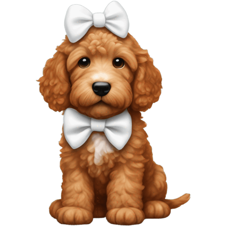 Red goldendoodle puppy white patch on head & bow on head emoji