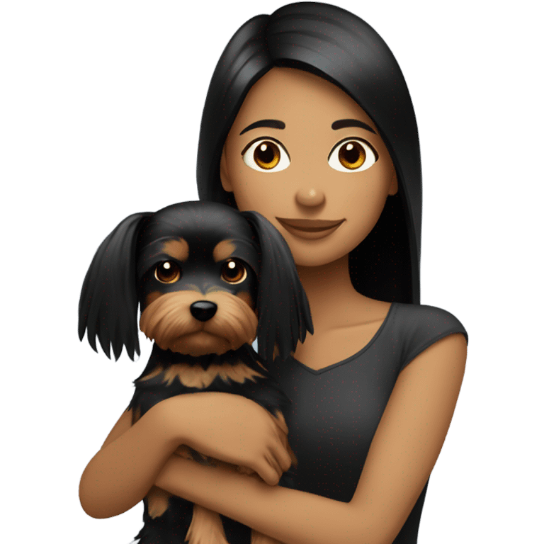 Tan girl with black straight hair hugging a Yorkie  emoji