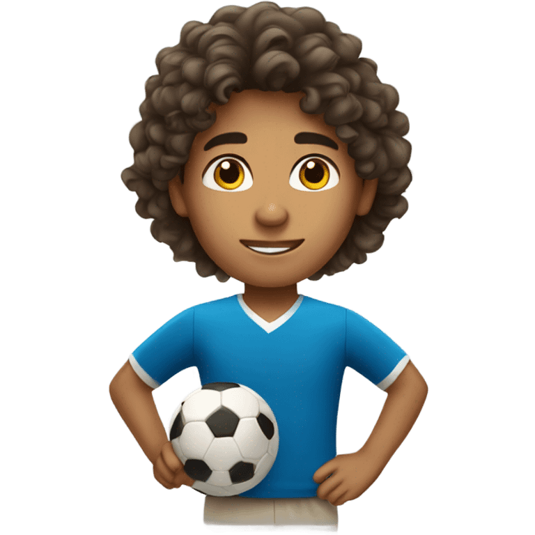 Hispanic boy with long curly hair wearing a soccer shirt emoji