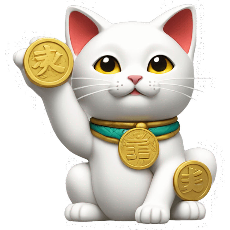 Japanese white maneki neko cat with its right arm raised and its left arm holding a golden koban coin emoji