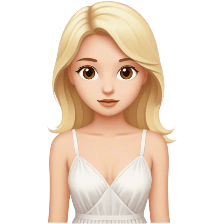 Blonde model with brown eyes, honeymoon, white sundress   emoji