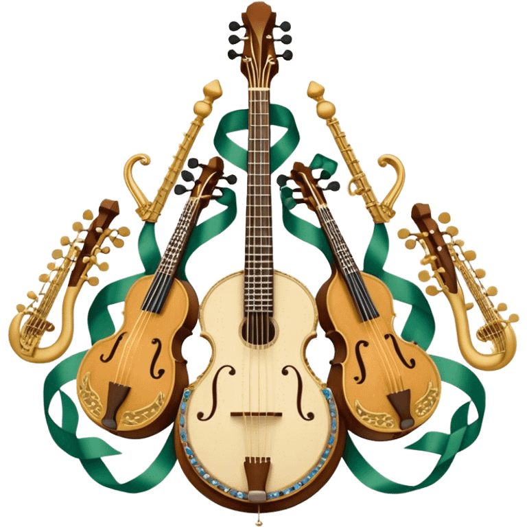 Design a complex and festive emblem-like emoji representing plucked string instruments, such as a banjo, mandolin, domra, sitar, and similar instruments. The composition should resemble a heraldic crest, with the instruments arranged symmetrically and gracefully, their necks intertwining with a flowing ribbon of musical notes. The ribbon should weave through the strings and headstocks, symbolizing the harmonious connection between the instruments. Use detailed engraving on the instrument bodies and fretboards to emphasize their craftsmanship. Incorporate rich, celebratory colors like gold, mahogany brown, deep green, and vibrant accents. Add subtle shading and light reflections to create a three-dimensional, polished look. Include ornate elements like swirls, laurel leaves, and decorative flourishes to enhance the festive and professional appearance. The background should be transparent to highlight the emblem as a standalone piece. emoji