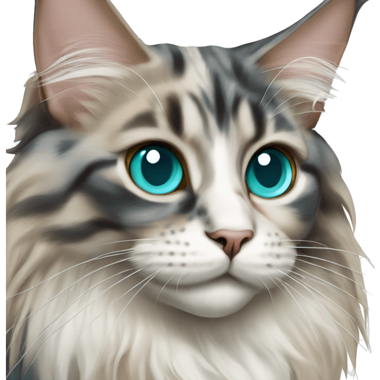 Maine coon dilute Calico half face colored and big turquoise eyes emoji