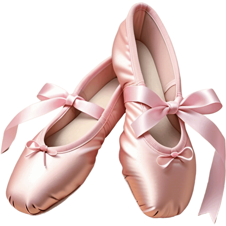 Cinematic Realistic Ballet Shoes, soft satin pink pointe shoes with delicate ribbons, resting gently on a polished wooden floor, subtle creases in the fabric, glowing under the warm golden light of a rehearsal studio, evoking elegance and grace. emoji