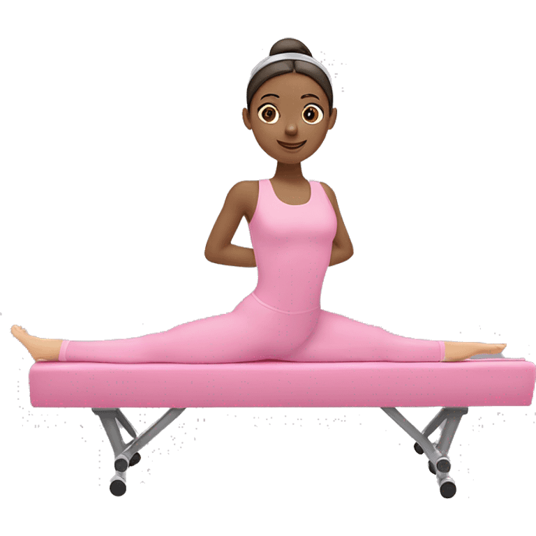 Girl doing Pilates in reformer With a pink ballet wrap and ￼ tiara ￼ emoji