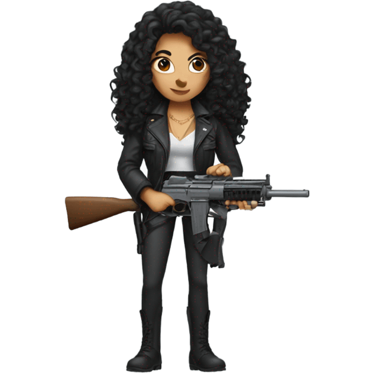 woman with long black curly hair and a gun emoji