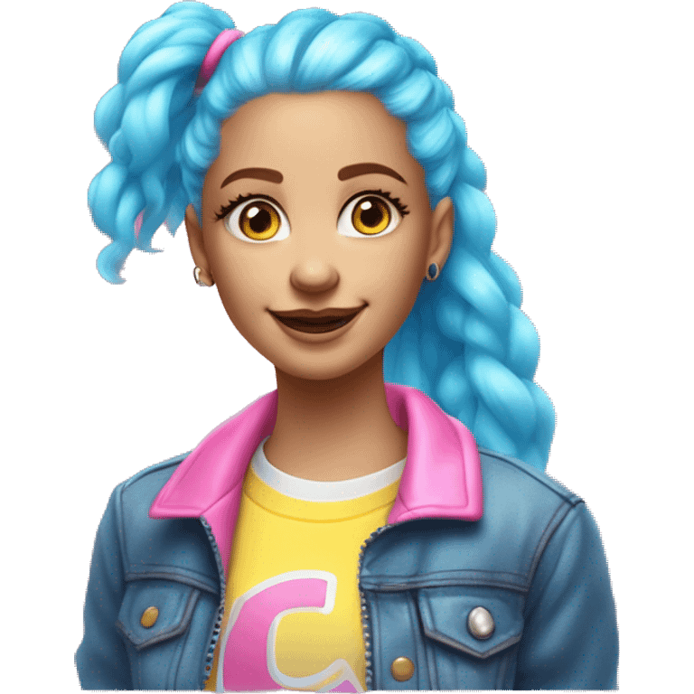 happy white girl with fluffy waist length neon pink hair, a half up half down hairstyle with two pigtails, side-swept bangs, blue eyes, a pastel yellow t-shirt and a translucent holographic varsity jacket emoji