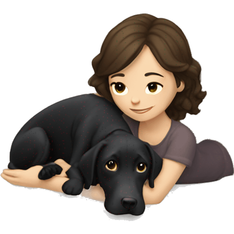 girl with short brown hair laying with a black lab emoji