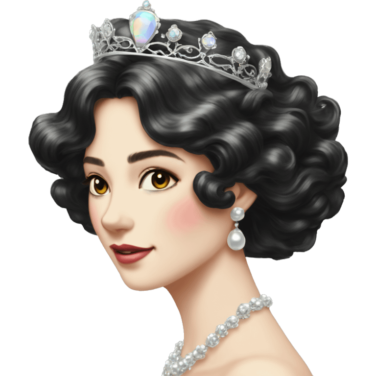 Regal pretty lady crown vintage with long iridescent black and silver hair wavy black hair pearl crown iridescent emoji