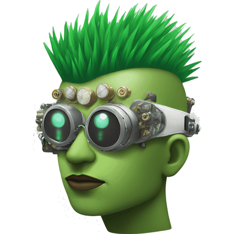 Green Mohawk hair male cyborg head with white steampunk goggles and circuits emoji