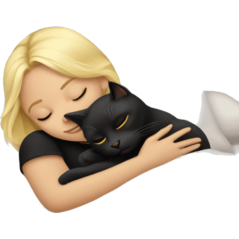 Blonde girl sleeping with black cat on bed emoji