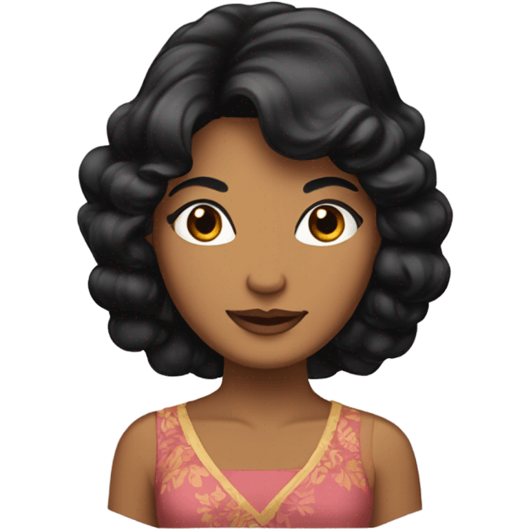 Tanned woman with black hair wearing 1970s style dress and hair emoji