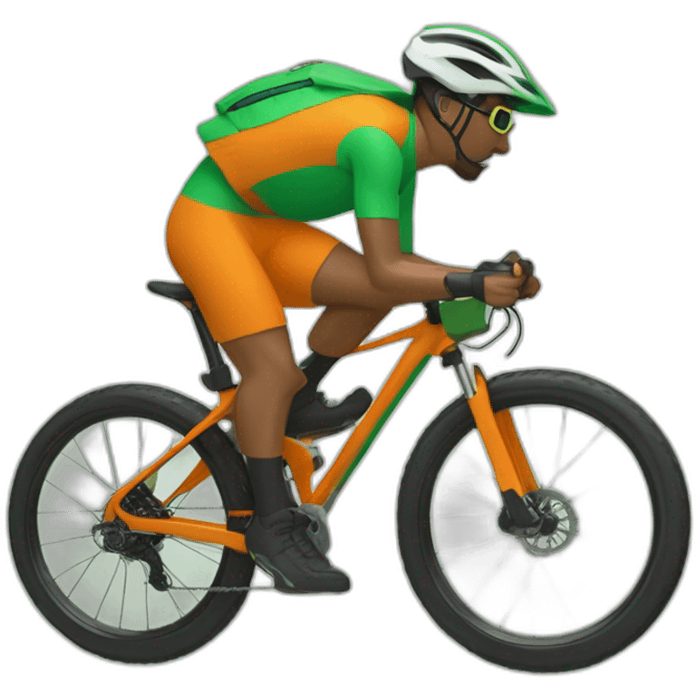 Mountain biker con bicicleta de color verde, y ropa de color naranja y negra, corriendo a mucha velocidad emoji