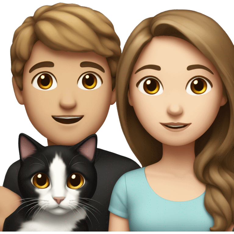 Girl and boy with brown hair and black and white cat emoji