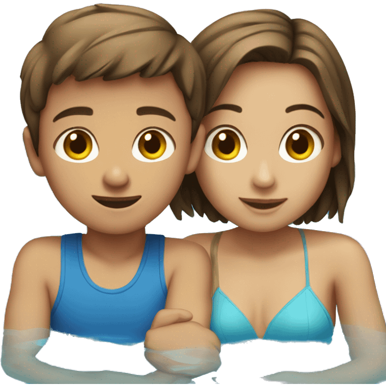 boy short brown hair and girl sitting in a pool with water emoji