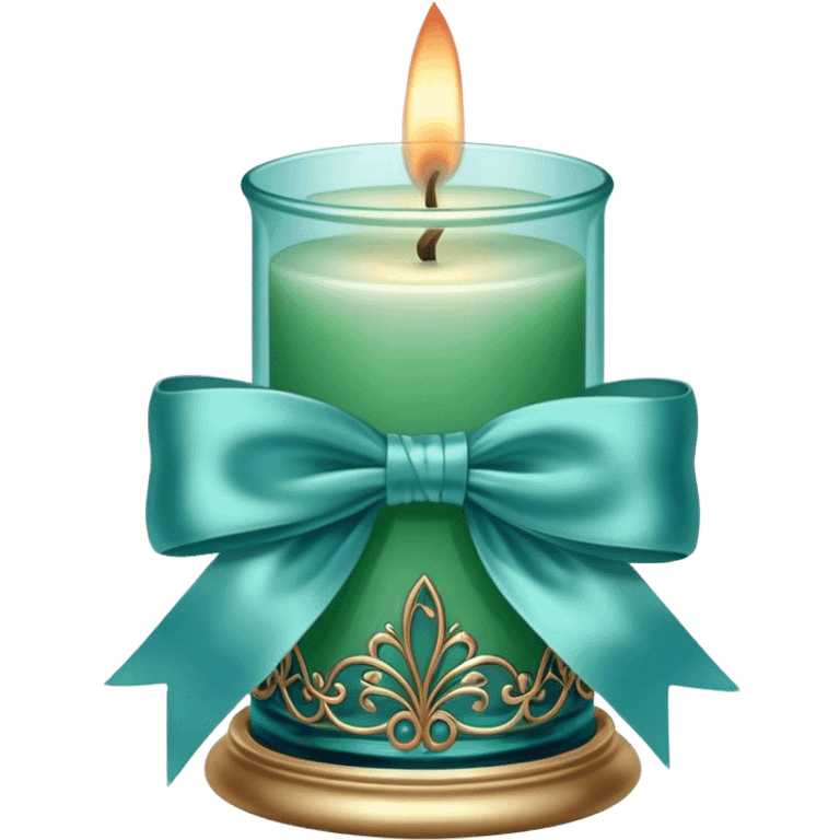 A soft blue candle in an ornate green glass holder, tied with a delicate satin blue bow. emoji