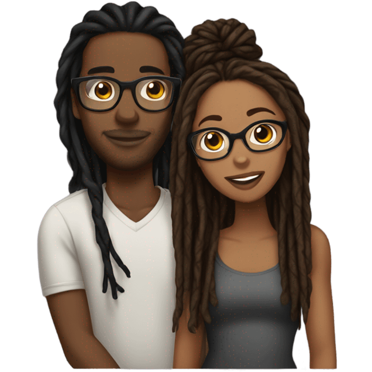 black couple with locs, male medium skin tone with long black locs, female brown skin with glasses and brown locs tied up kissing emoji