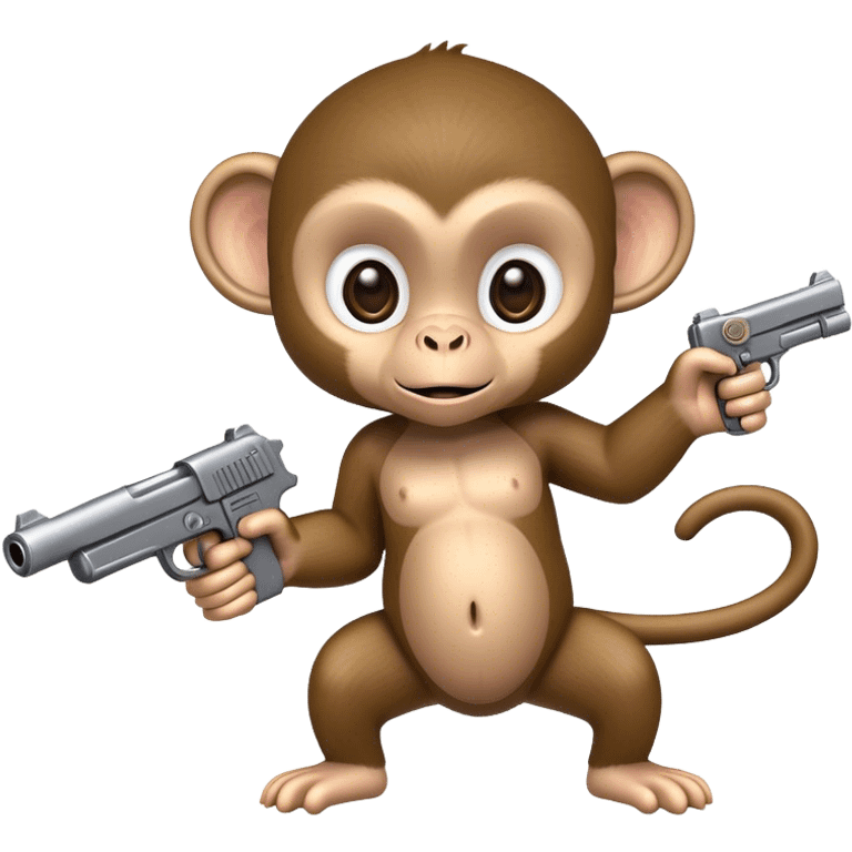 Forward perspective of a baby monkey holding a fake gun. The fake gun is horizontal and pointed straight forward  emoji