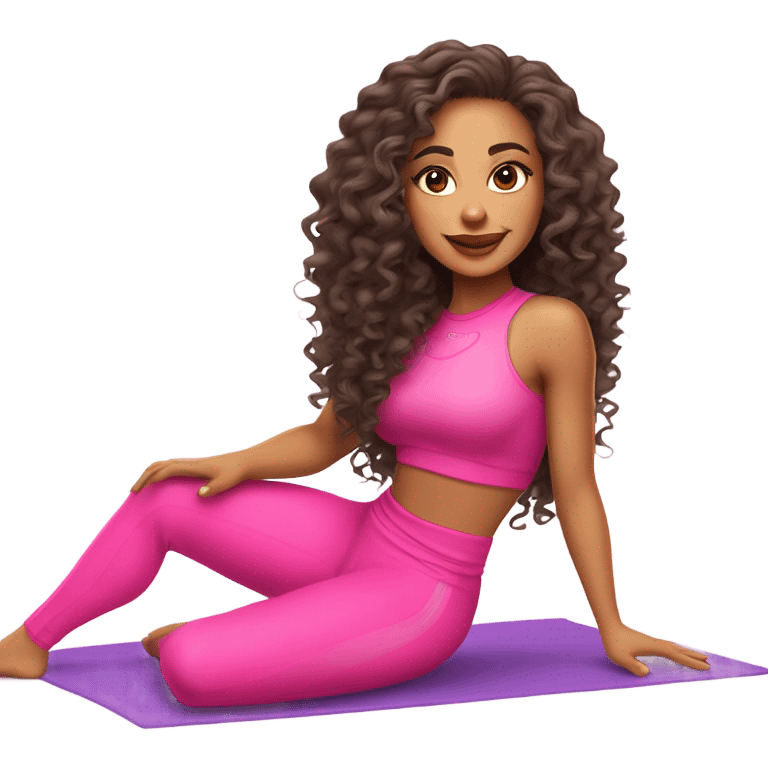 a gorgeous mixed girl with long curly hair to the floor doing pilates in an all pink outfit on a white mat, she has full lips and long eyelashes emoji