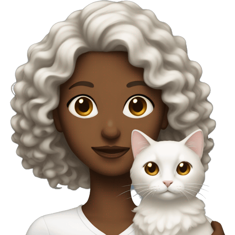 long curly haired brown skinned lady holding white cat  emoji