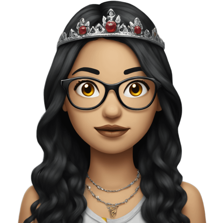 Hyperrealistic beautiful  girl, wearing a crown and glasses with tattoos, with long black hair  emoji