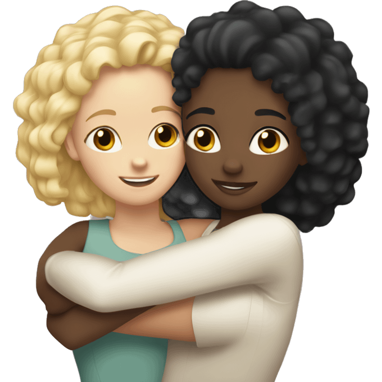 Black girl with straight black hair hugging a white girl with curly blonde hair emoji