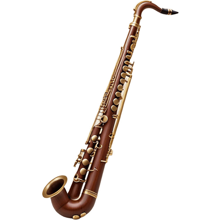 Create a detailed and elegant emoji representing a professional bassoon Oscar Adler. The design should showcase the long, slender wooden body of the bassoon with its distinct curves and metal fittings. Highlight the keywork and metal rings around the joints, with subtle light reflections on the wood to give it a polished appearance. The top of the bassoon should have the characteristic metal bell, and the reed should be clearly visible at the mouthpiece. Use warm wood tones like deep brown and mahogany for the body, with silver or brass accents for the metal parts. Add soft musical notes or soundwaves around the instrument to evoke its rich, deep sound. The background should be transparent. emoji