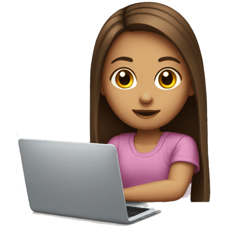 A young girl with straight brown hair is sitting at a desk with a laptop emoji