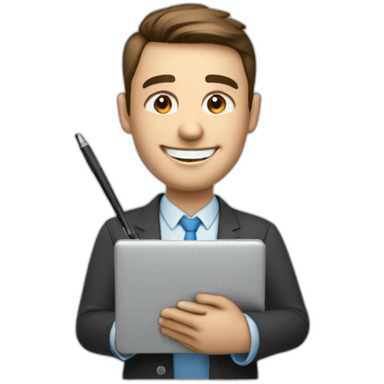 friendly male virtual assistant with a smiling  holding a digital tablet or stylus emoji