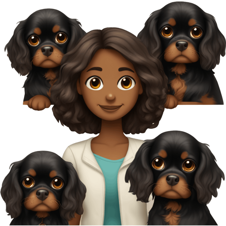 cute girl hugging two black and brown cavalier king charles spaniel  emoji