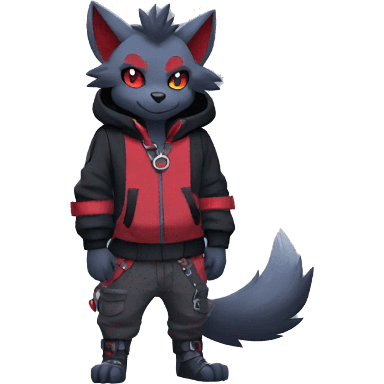 Cool Edgy Zorua-Zoroark-Mightyena with a collar and hoodie-sweater and harness full body emoji