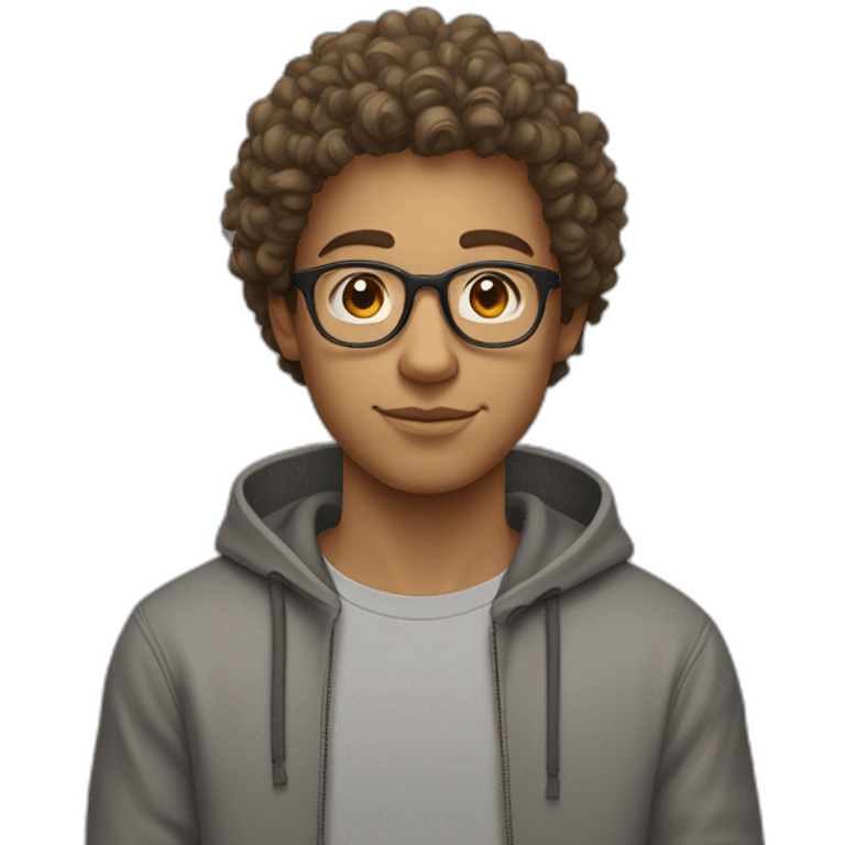 Young guy with curly hair on top a short hair on the side light brown hair and rounded glasses with a grey hoodie on emoji