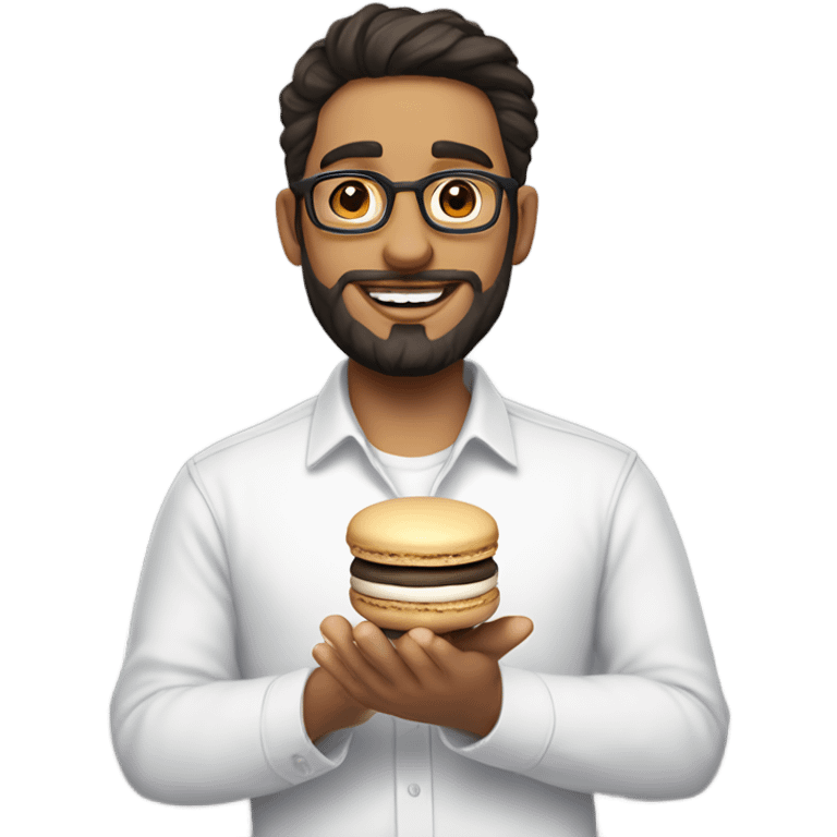 A light-skinned, nerdy man with dark hair and a beard holds a macaron in his hand and is wearing a basic white shirt. emoji