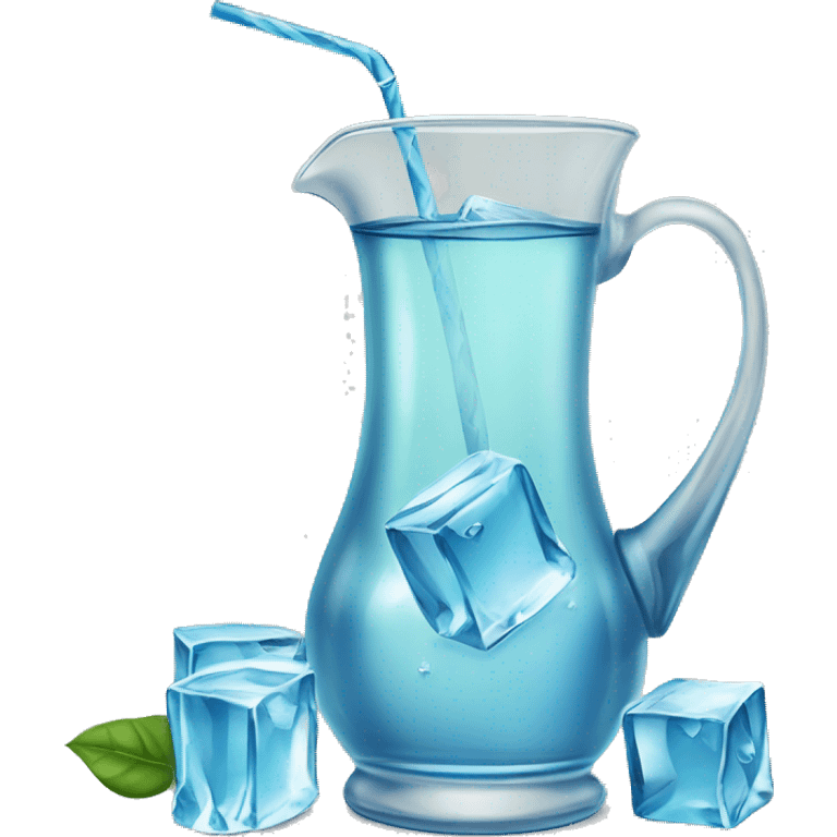 transparent jug of water filled halfway with blue water and three ice cubes floating. beside the jug an additional brown rounded cup filled with green yerba inside and a silver straw sticking out. emoji