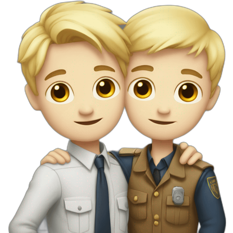 Two Boy detectives hug one blond with white skin and one African  black emoji