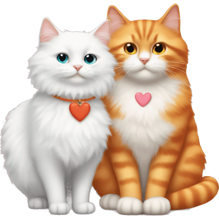 A white fluffy cat and an orange cat sitting together with hearts emoji