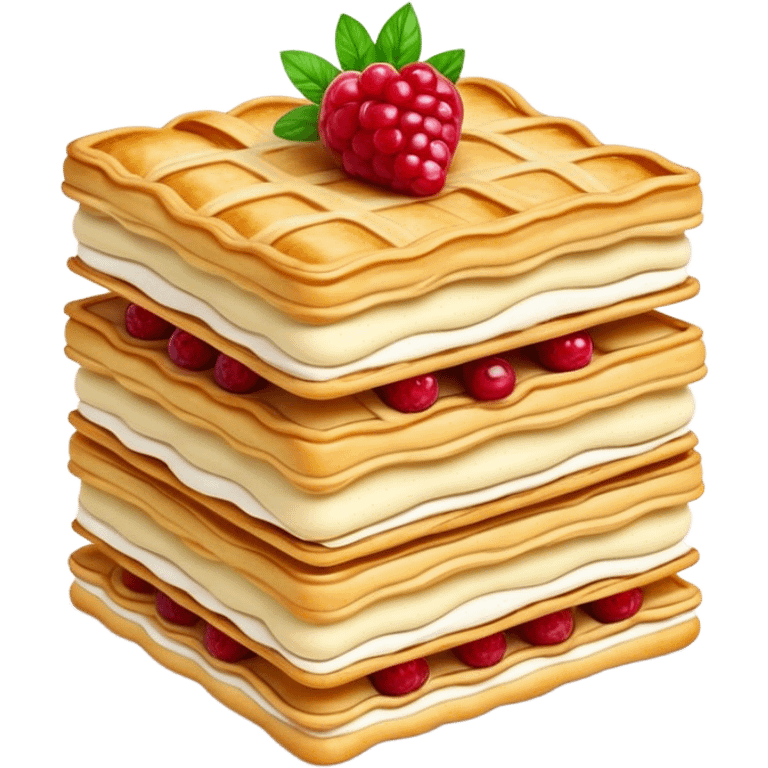 Mille-feuille Cinematic Realistic Mille-Feuille Dessert Emoji, depicted as a delicate pastry composed of two crisp layers of puff pastry with a rich cream filling, rendered with intricate textures and elegant, soft lighting. emoji