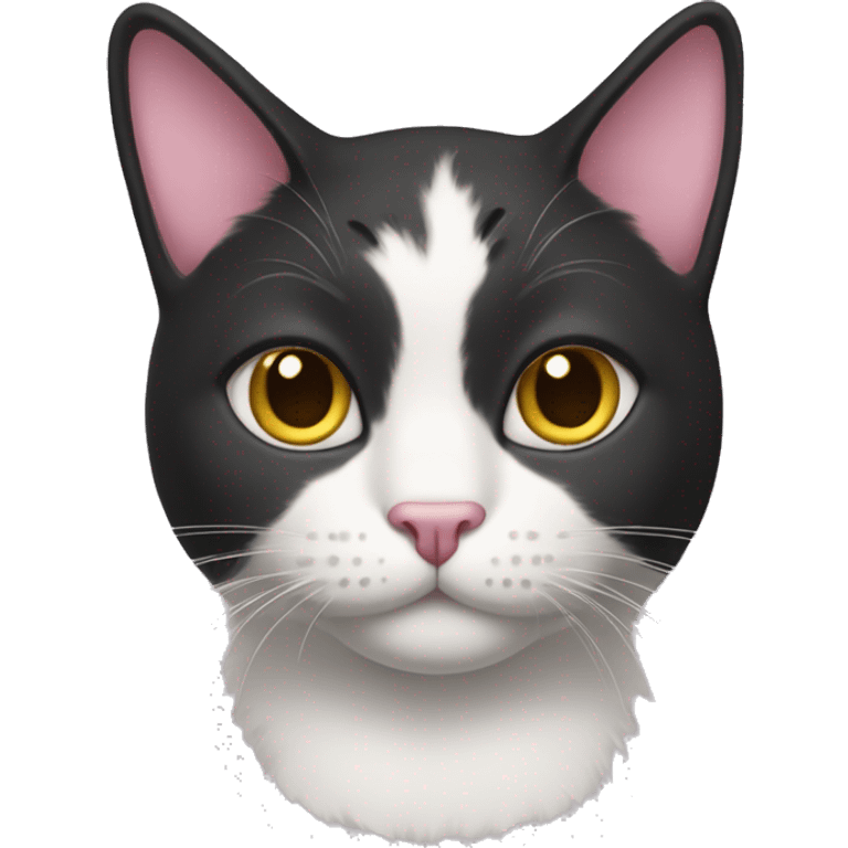 Cat with clear white face, little black spot like mustache under nose, pink ears, and full forehead and under ears the fur is black, yellow eyes, no stripes emoji