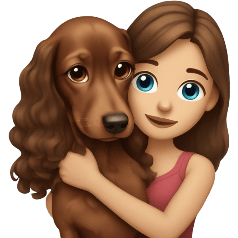 Brown long wavy hair girl with blue eyes cuddling a small brown dachshund emoji