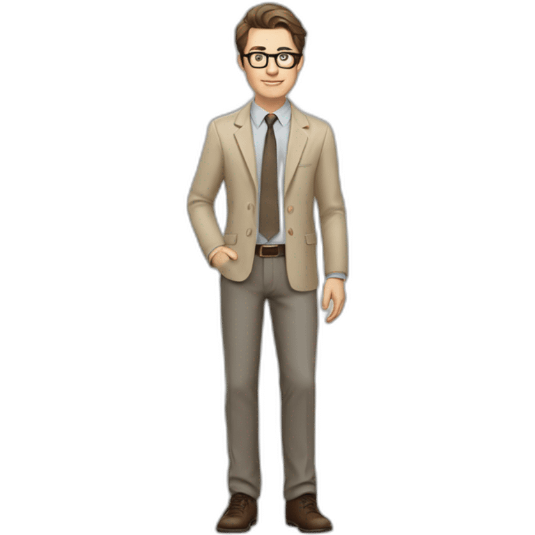 Full height Actively Gesturing Pale skinned fit man with dark brown hair in gray jacket, beige office shirt, brown tie, brown pants and vintage glasses. emoji