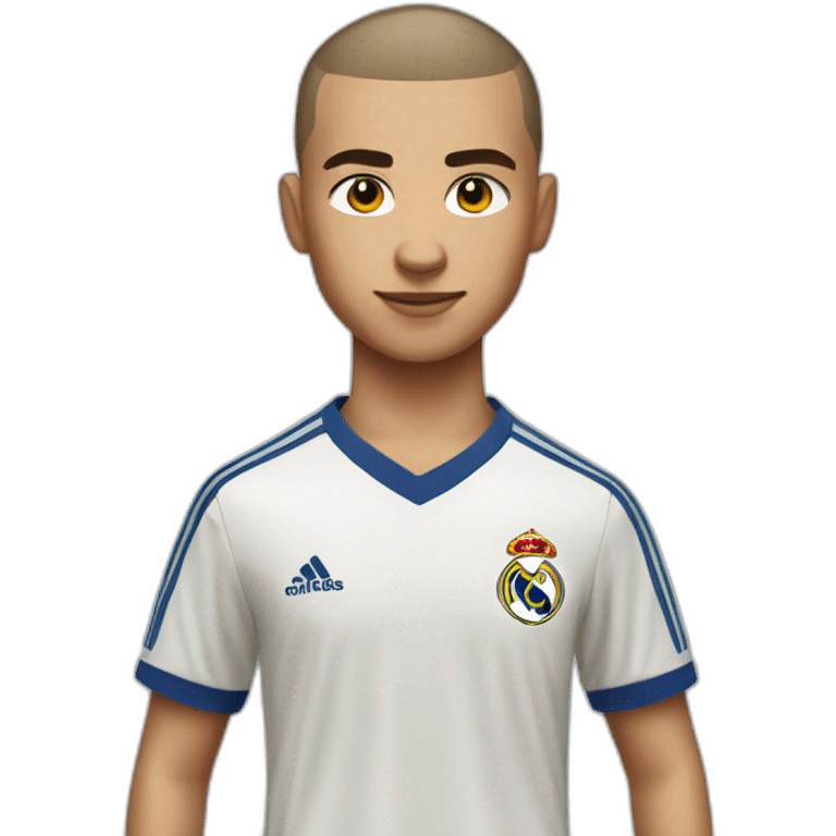 Young soccer player with a buzz cut hair with real madrid jersey, apple style emoji