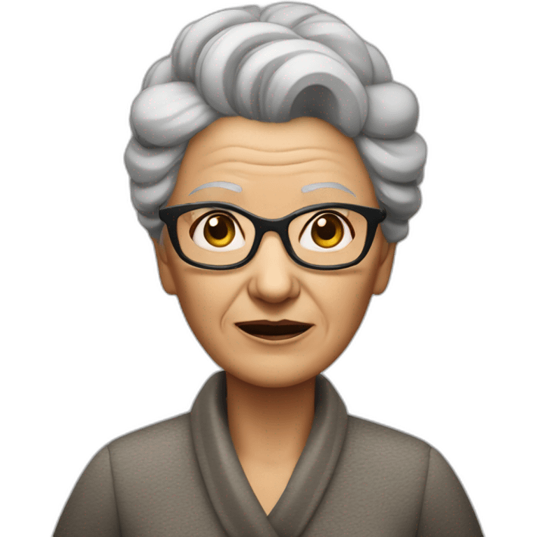 An elderly woman with raised eyebrows and a dissatisfied face. She has dark hair that is pulled back into a bun, and she also wears cat-like glasses. emoji