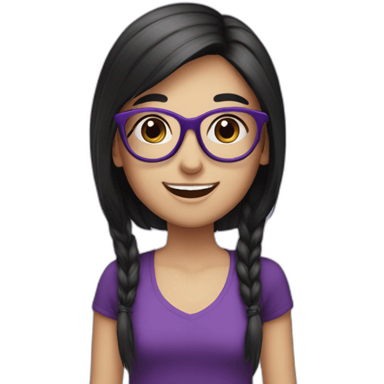 Withe Girl with Black long hair and purple glasses, smile, black eyes, emoji