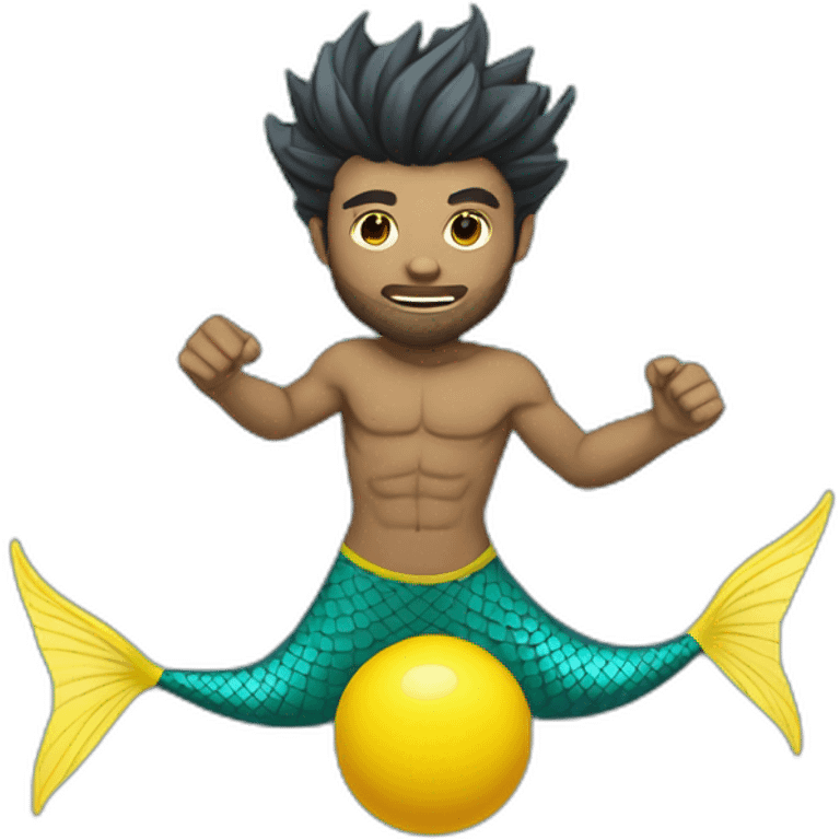 Underwater man mermaid swimming with fins, snorkel equipement, holding a small yellow ball, looking strong and fighting emoji