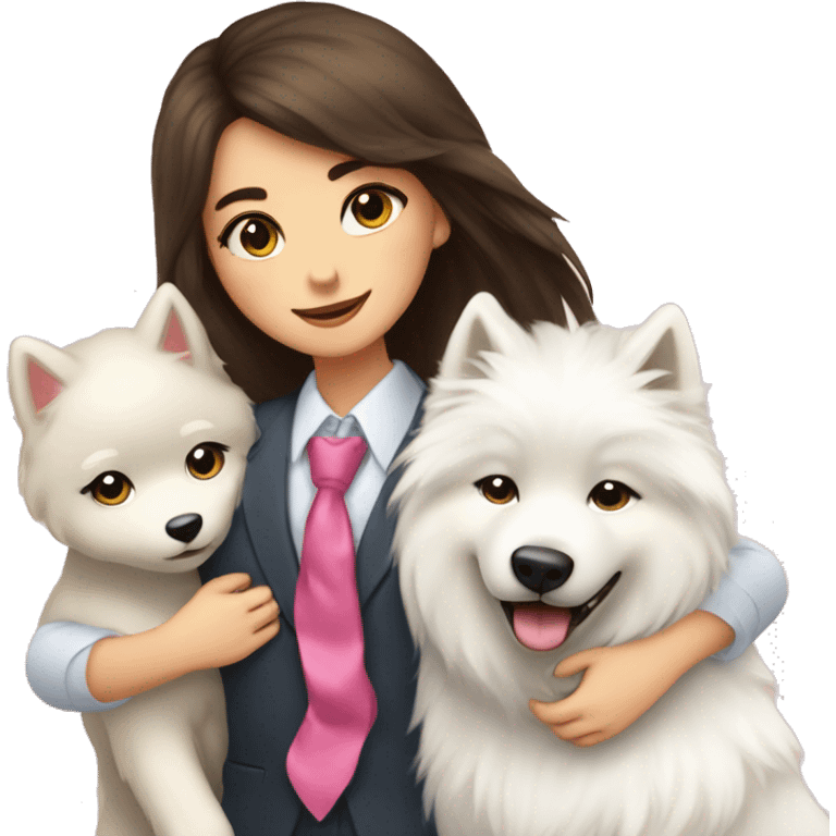 Brunette pale girl hugging a Samoyed with a tie and another Samoyed with a pink bow emoji