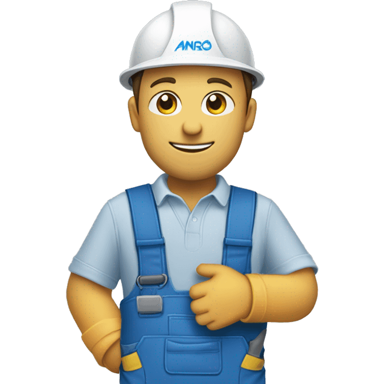 a construction man folding a machine with blue working clothes and with a blue and white logo with the name angro emoji